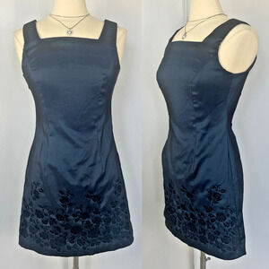 Vtg Party Dress Size 7 Navy Blue Black Floral Embroidered Fairy Whimsigoth Y2K